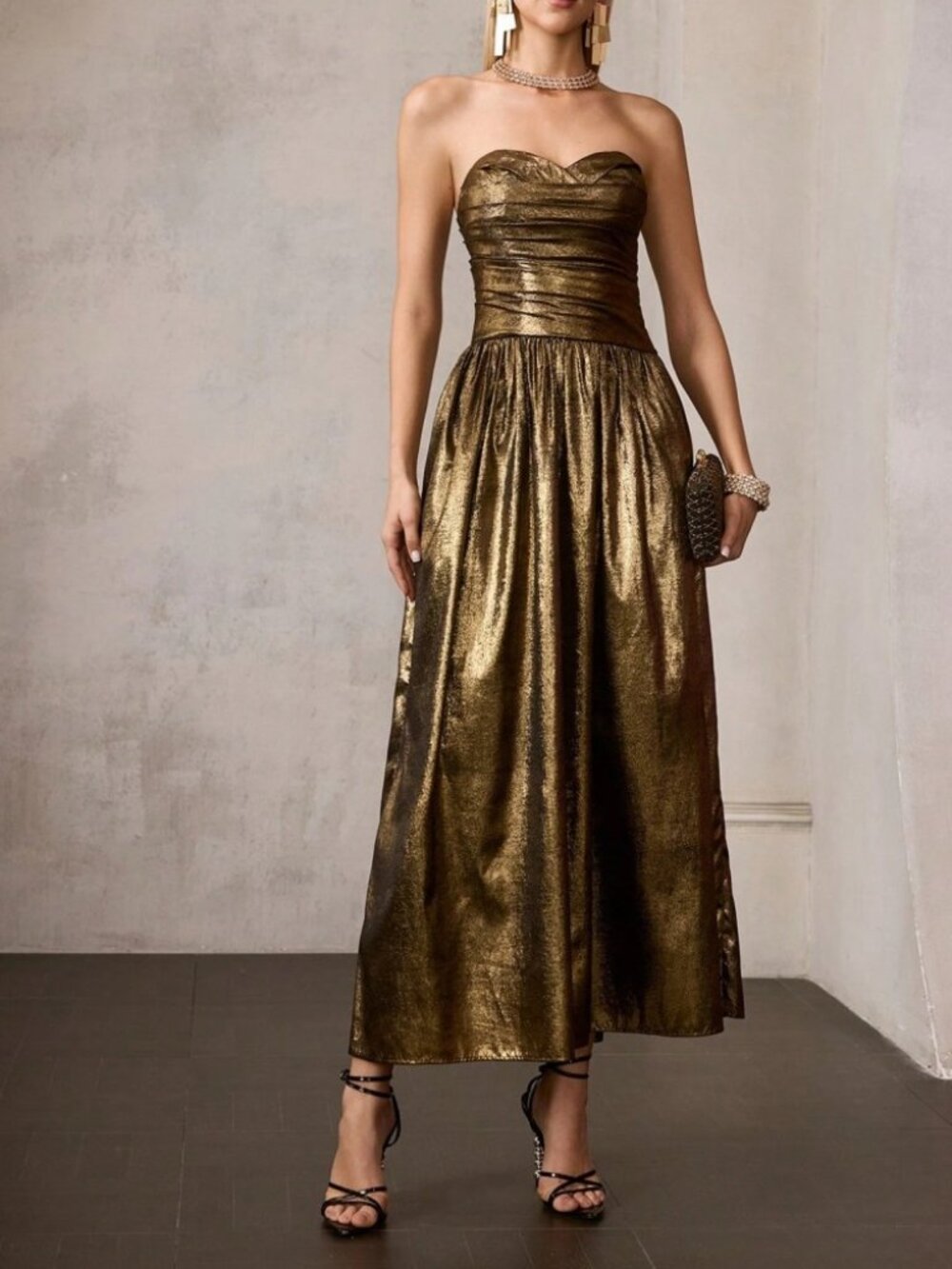 Bronze Gold Metallic Strapless Sweetheart Maxi Dress